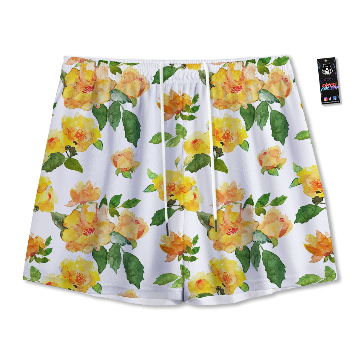 Yellow Rose Watercolor Print Pattern Mesh Shorts