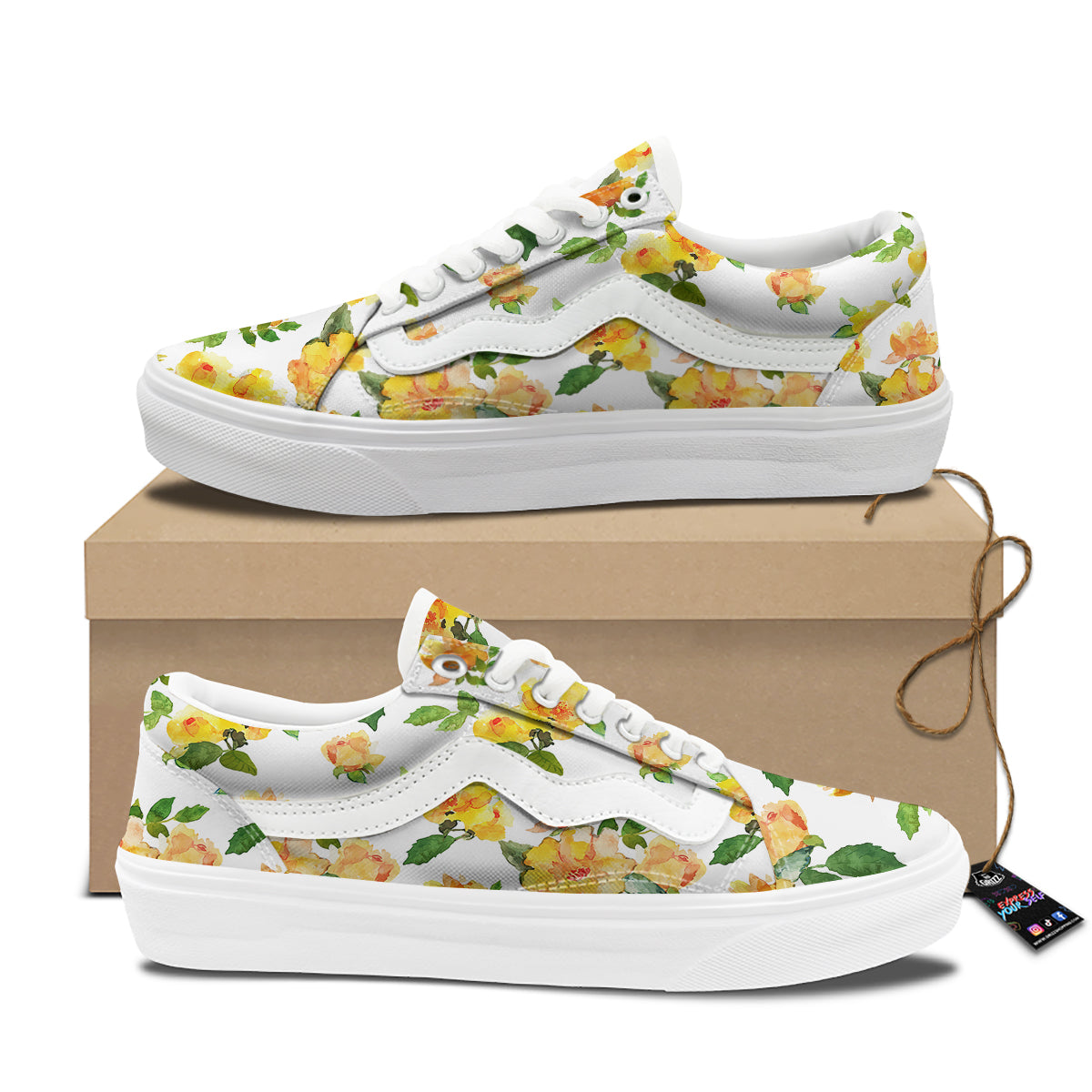 Yellow Rose Watercolor Print Pattern Skate Shoes-grizzshop