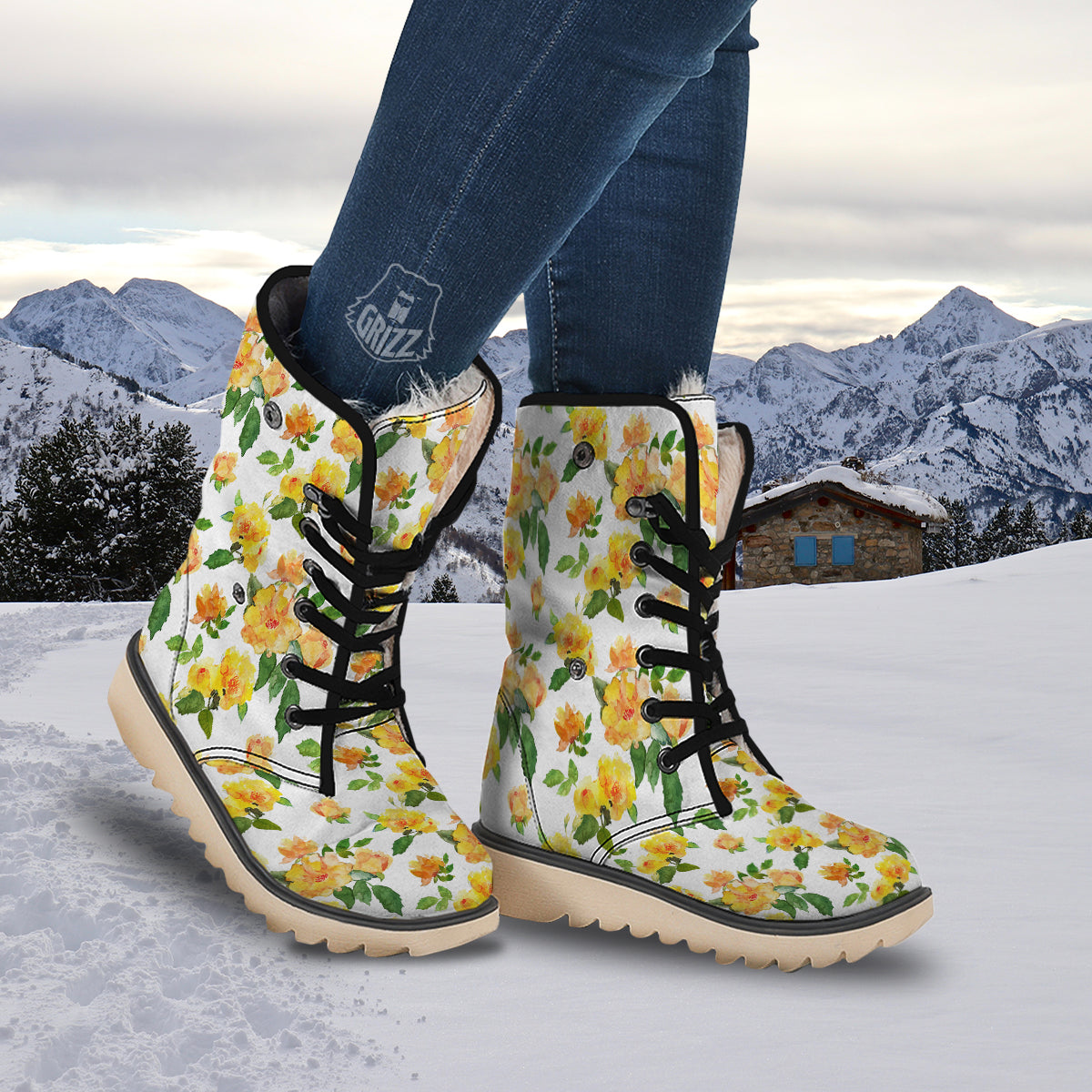 Yellow Rose Watercolor Print Pattern Snow Boots-grizzshop