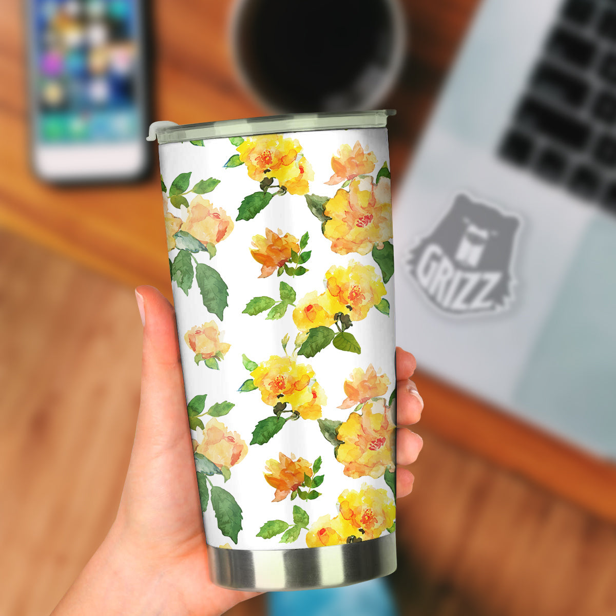 Yellow Rose Watercolor Print Pattern Tumbler-grizzshop