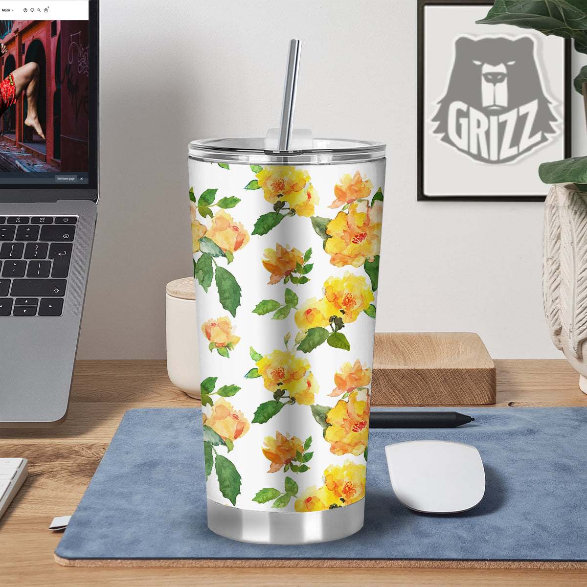 Yellow Rose Watercolor Print Pattern Tumbler-grizzshop