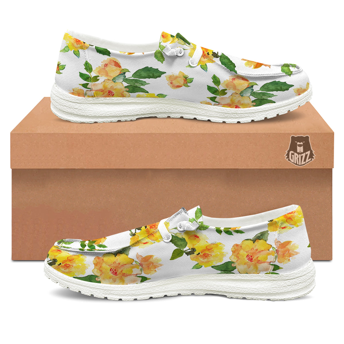 Yellow Rose Watercolor Print Pattern White Loafers-grizzshop