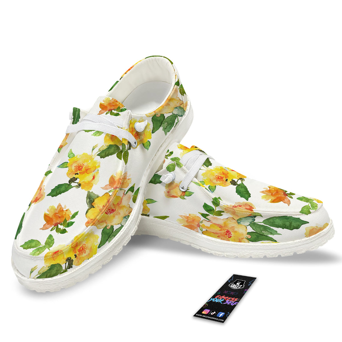 Yellow Rose Watercolor Print Pattern White Loafers-grizzshop