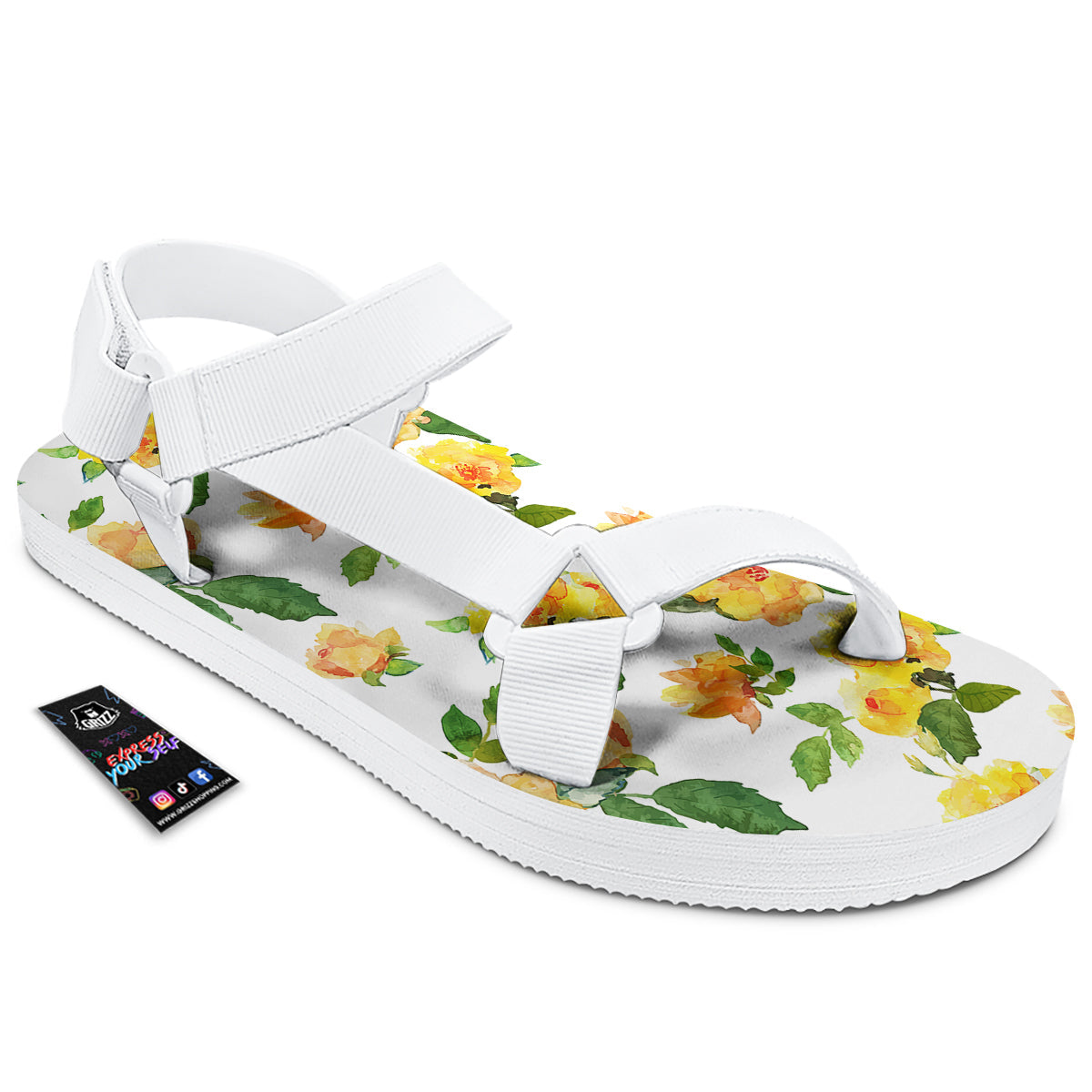 Yellow Rose Watercolor Print Pattern White Open Toe Sandals-grizzshop