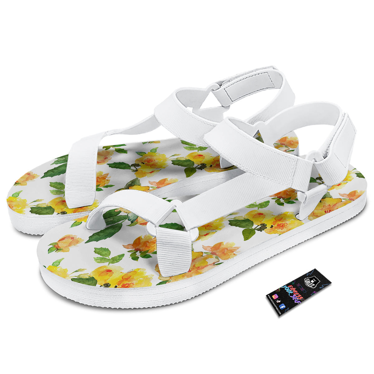 Yellow Rose Watercolor Print Pattern White Open Toe Sandals-grizzshop