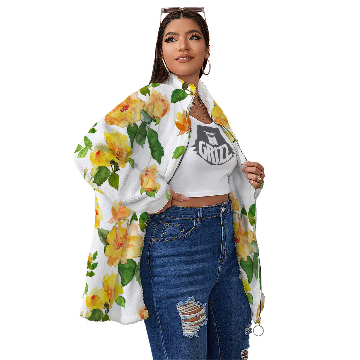 Yellow Rose Watercolor Print Pattern Women's Sherpa Jacket-grizzshop