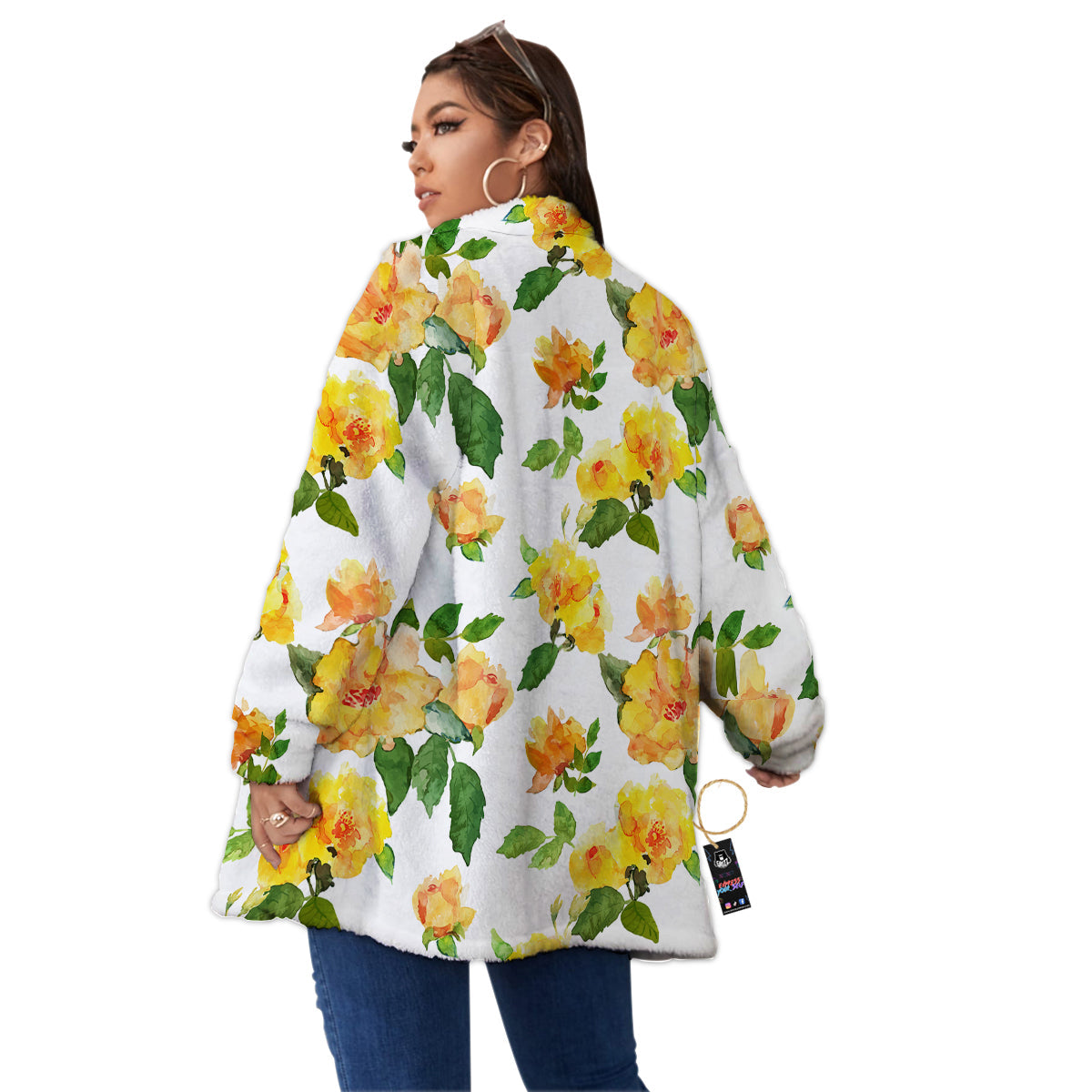Yellow Rose Watercolor Print Pattern Women's Sherpa Jacket-grizzshop