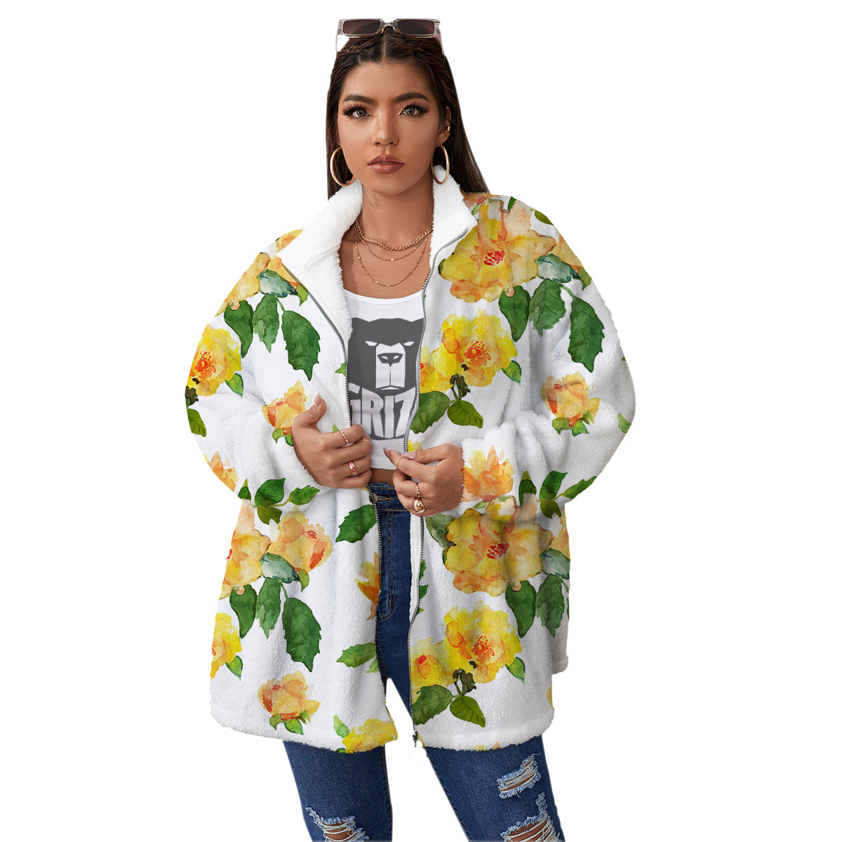 Yellow Rose Watercolor Print Pattern Women's Sherpa Jacket-grizzshop