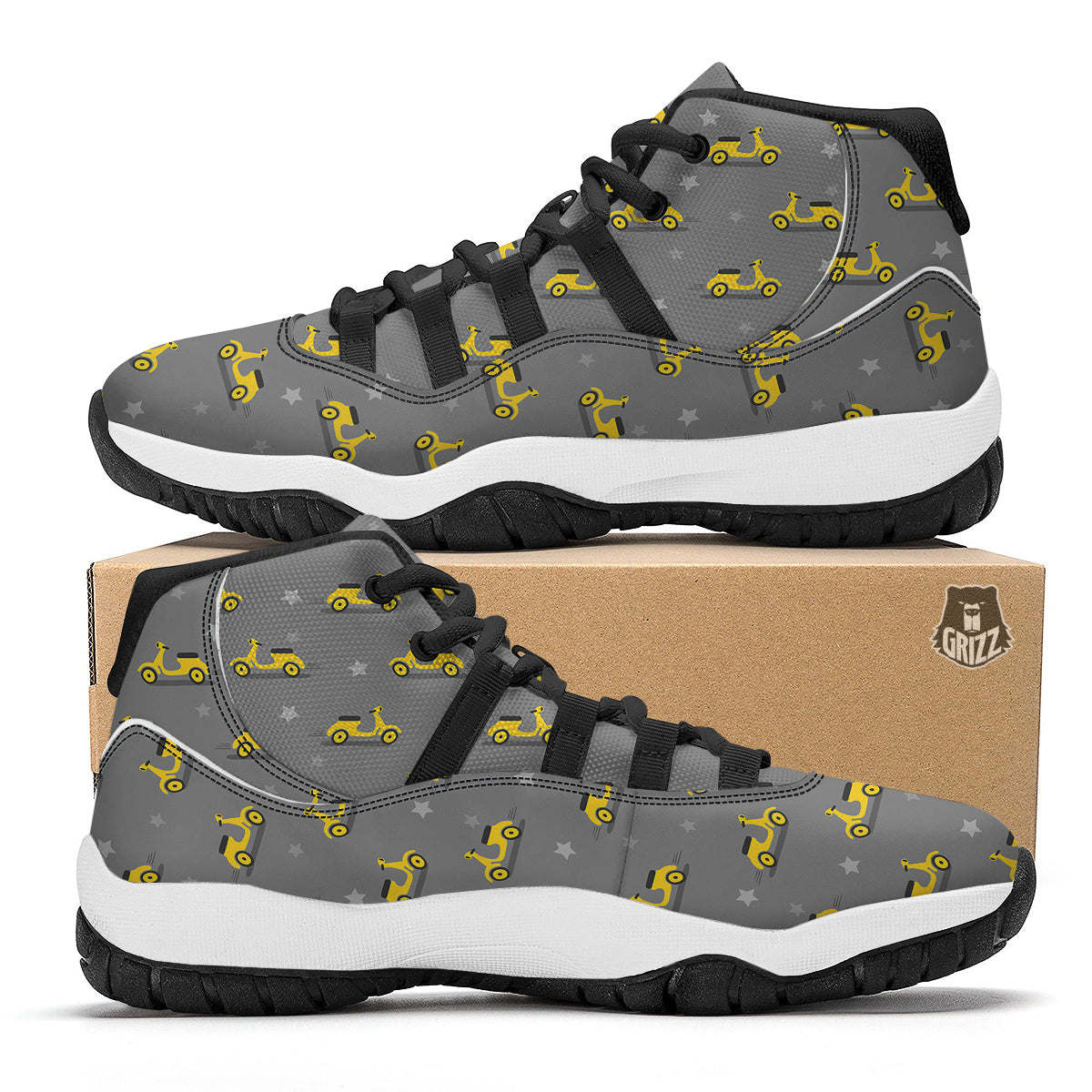 Yellow Scooter On Grey Print Pattern Black Bball Shoes-grizzshop