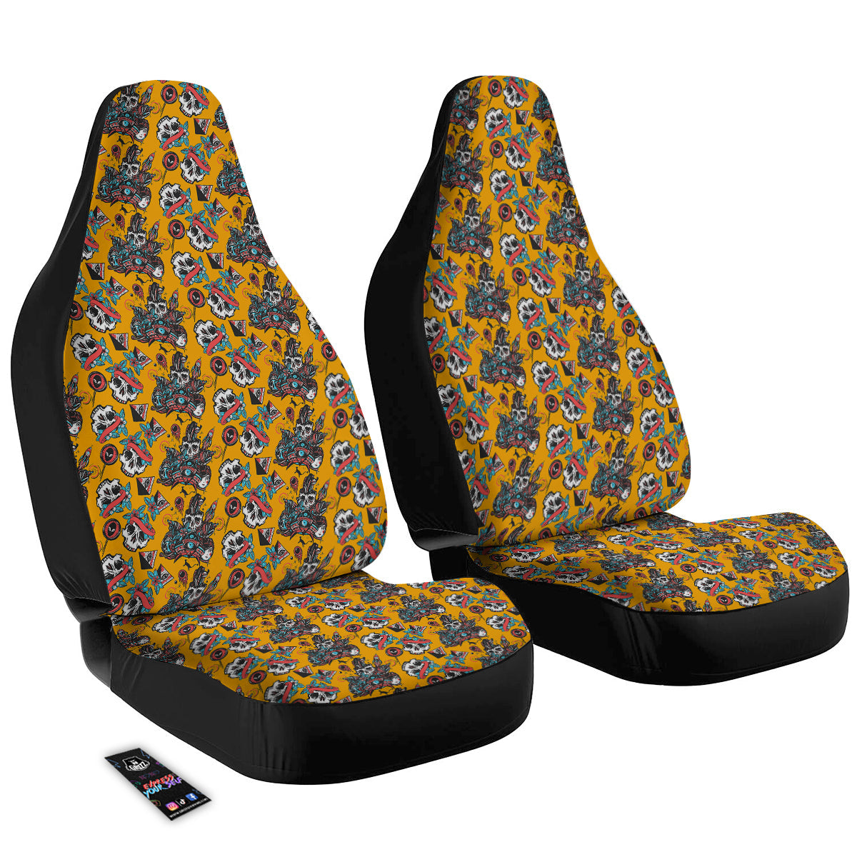 Yellow Skull Old School Tattoo Print Pattern Car Seat Covers-grizzshop