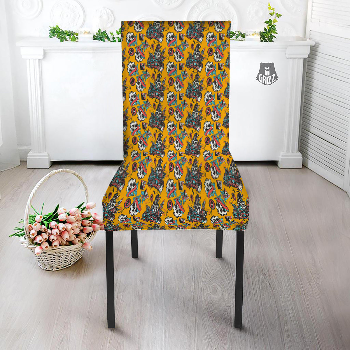 Yellow Skull Old School Tattoo Print Pattern Dining Chair Slipcover-grizzshop