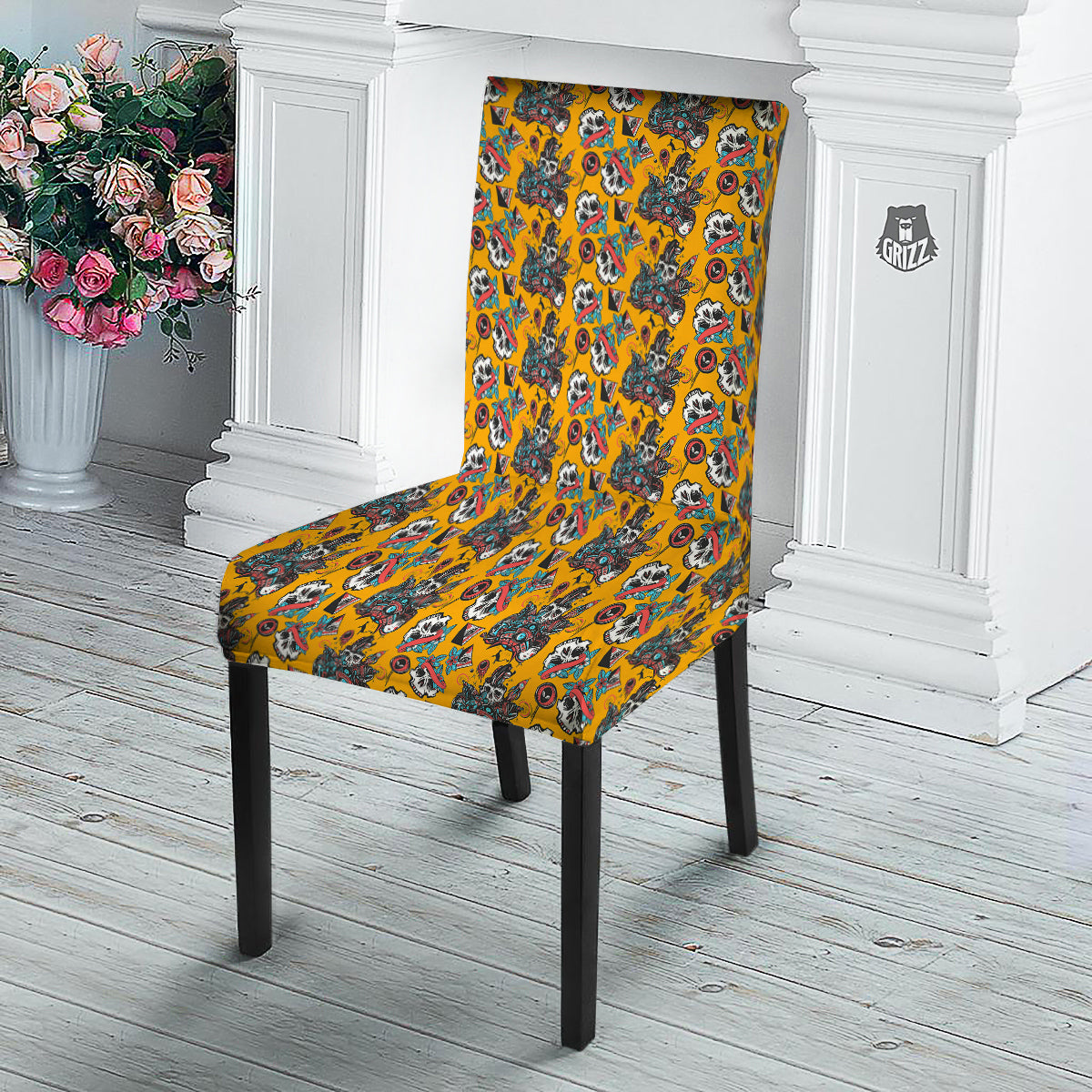 Yellow Skull Old School Tattoo Print Pattern Dining Chair Slipcover-grizzshop