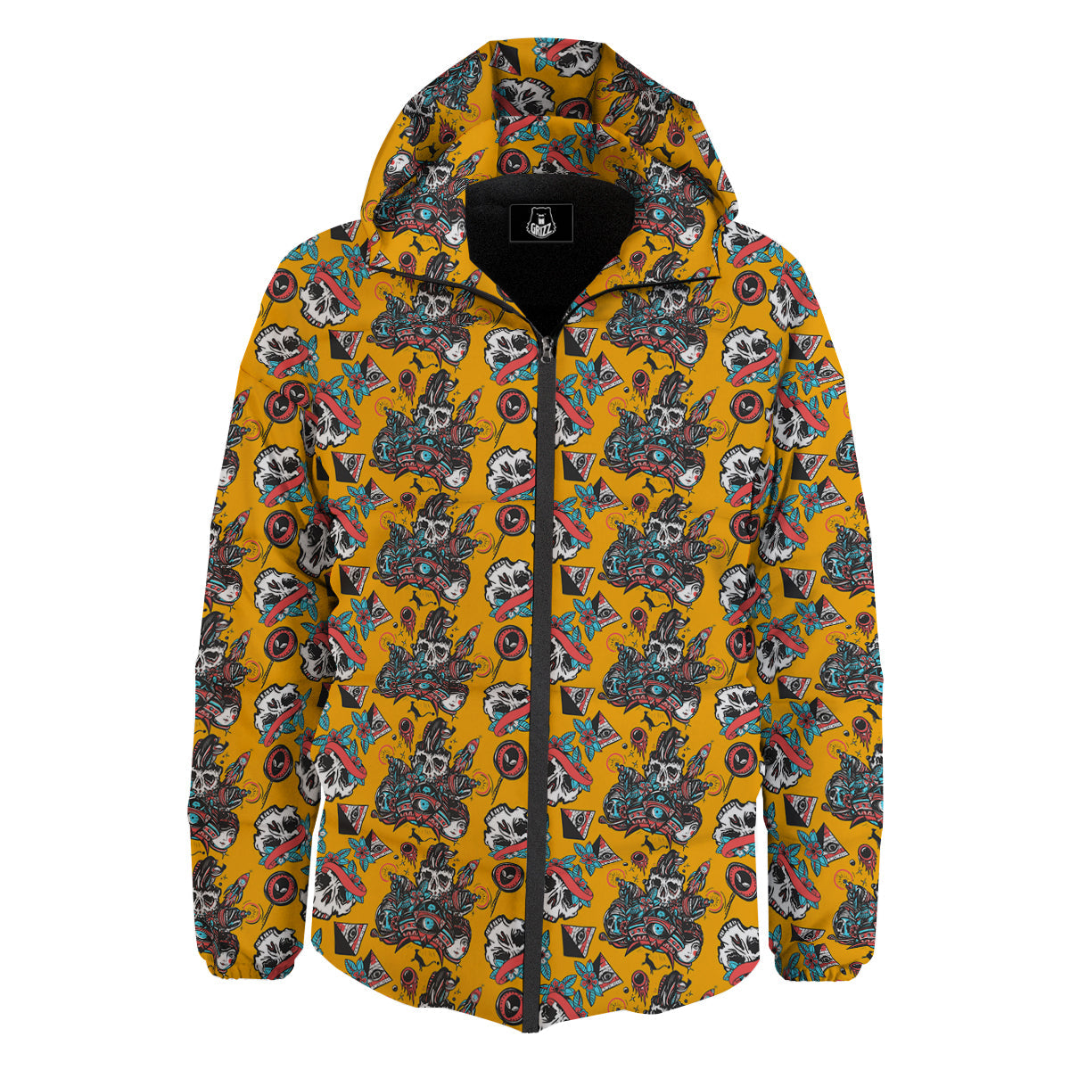 Yellow Skull Old School Tattoo Print Pattern Down Jacket-grizzshop