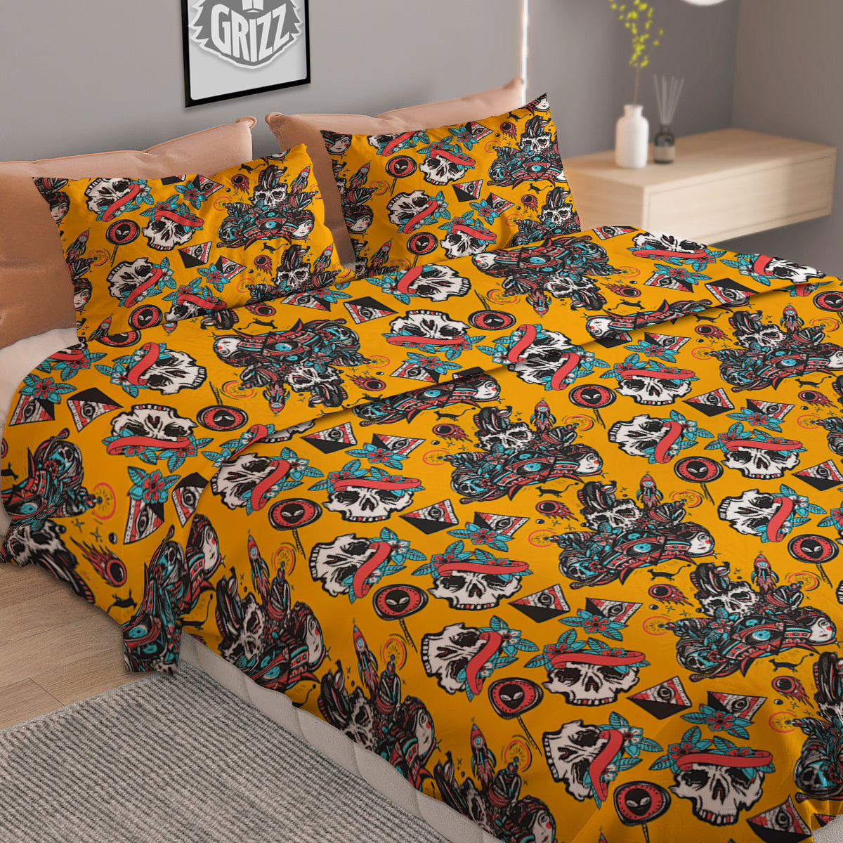 Yellow Skull Old School Tattoo Print Pattern Duvet Cover Bedding Set