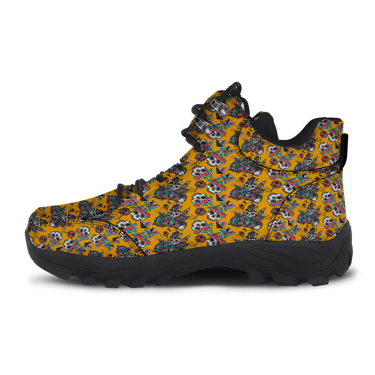 Yellow Skull Old School Tattoo Print Pattern Hiking Shoes-grizzshop