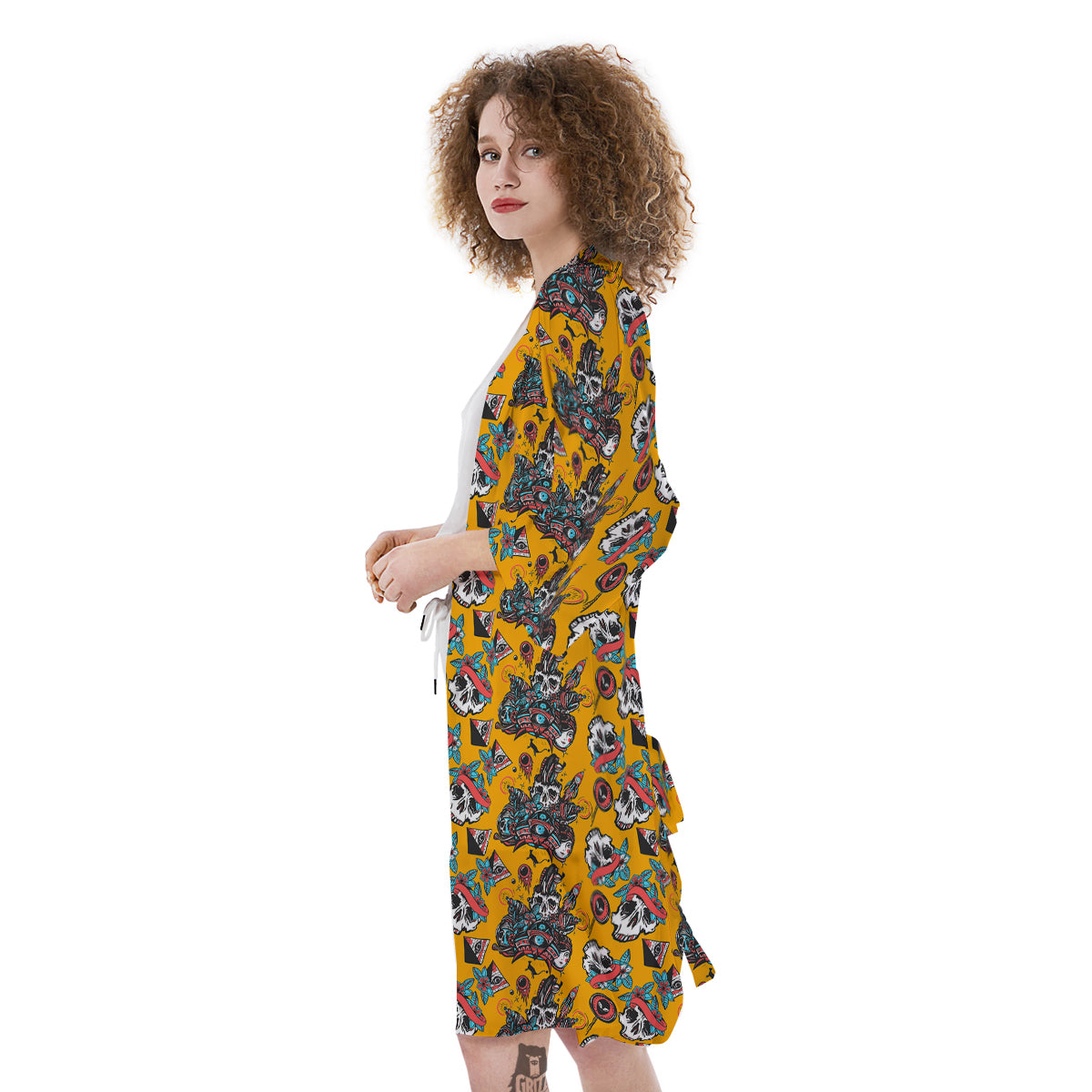 Yellow Skull Old School Tattoo Print Pattern Kimono-grizzshop