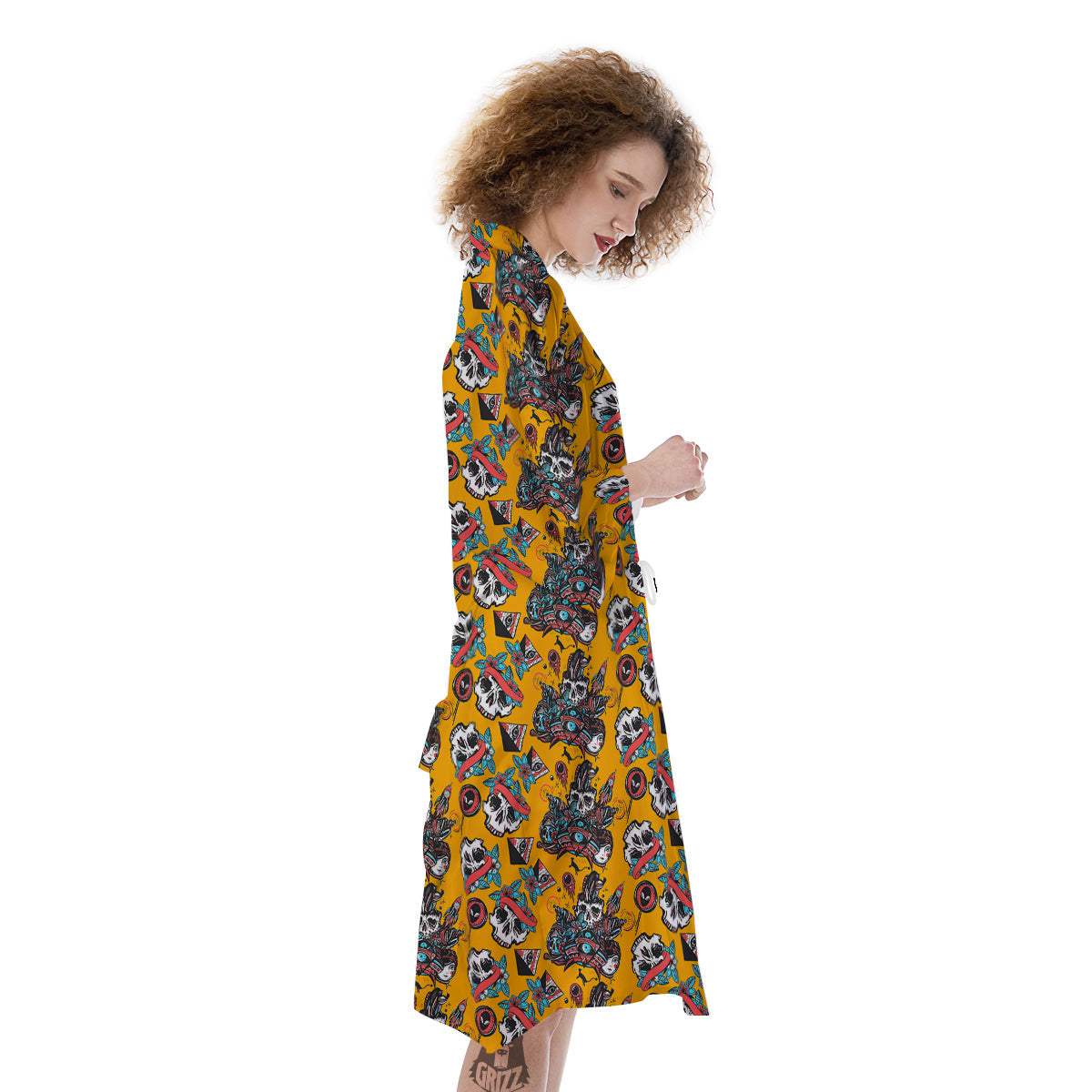 Yellow Skull Old School Tattoo Print Pattern Kimono-grizzshop