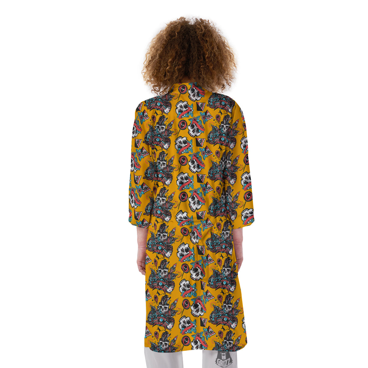 Yellow Skull Old School Tattoo Print Pattern Kimono-grizzshop