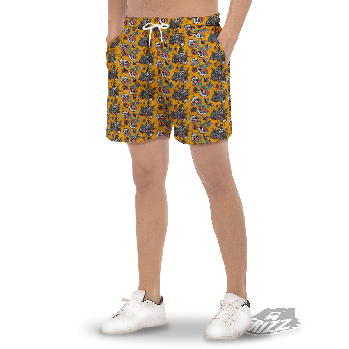 Yellow Skull Old School Tattoo Print Pattern Men's Gym Shorts-grizzshop