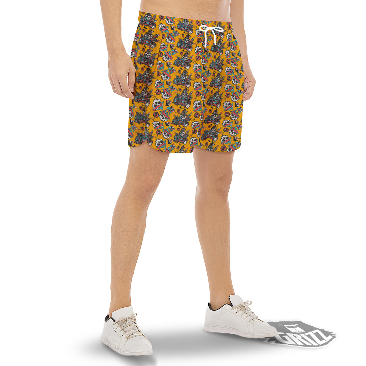 Yellow Skull Old School Tattoo Print Pattern Men's Gym Shorts-grizzshop