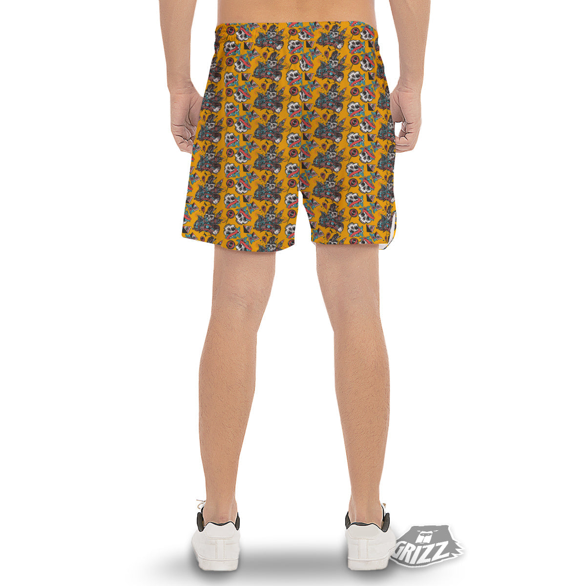Yellow Skull Old School Tattoo Print Pattern Men's Gym Shorts-grizzshop