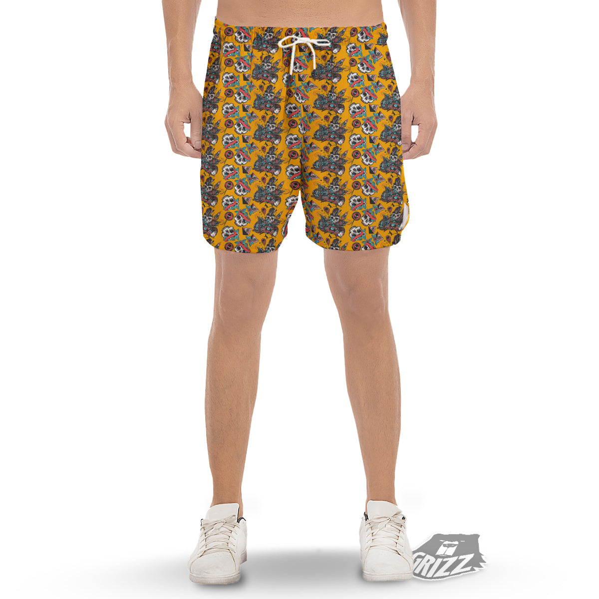 Yellow Skull Old School Tattoo Print Pattern Men's Gym Shorts-grizzshop