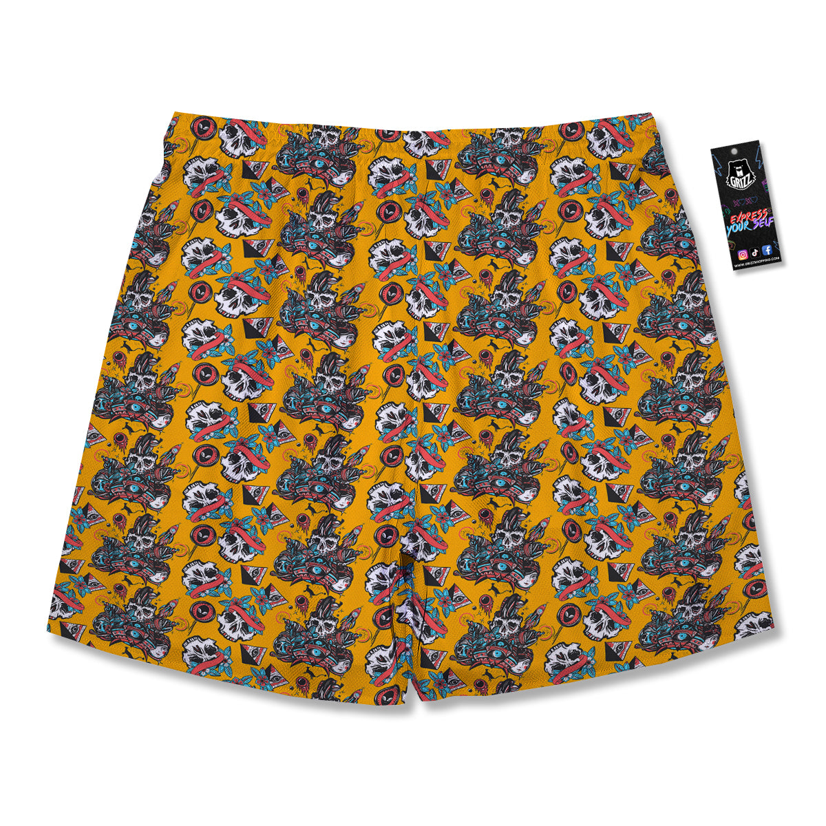 Yellow Skull Old School Tattoo Print Pattern Men's Running Shorts-grizzshop
