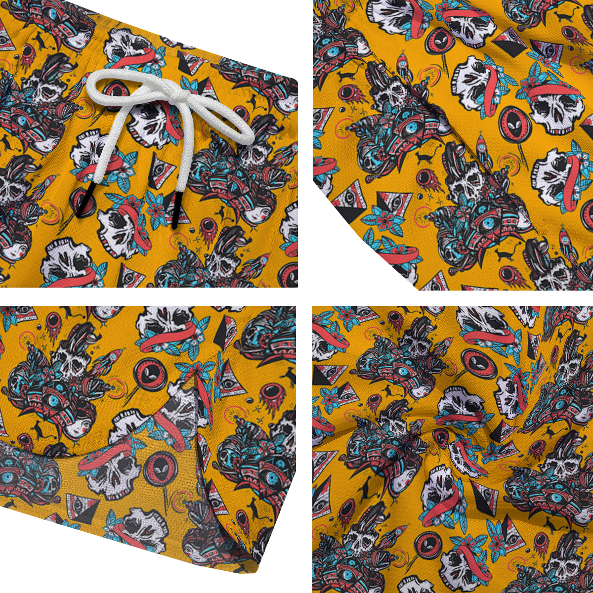 Yellow Skull Old School Tattoo Print Pattern Men's Running Shorts-grizzshop
