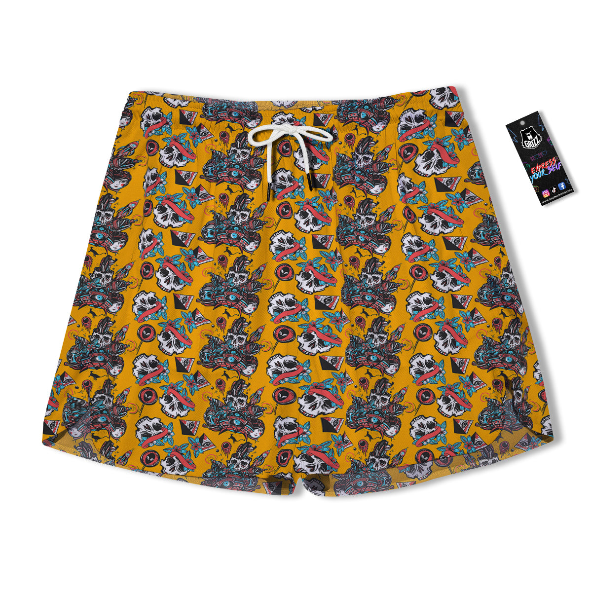 Yellow Skull Old School Tattoo Print Pattern Men's Running Shorts-grizzshop