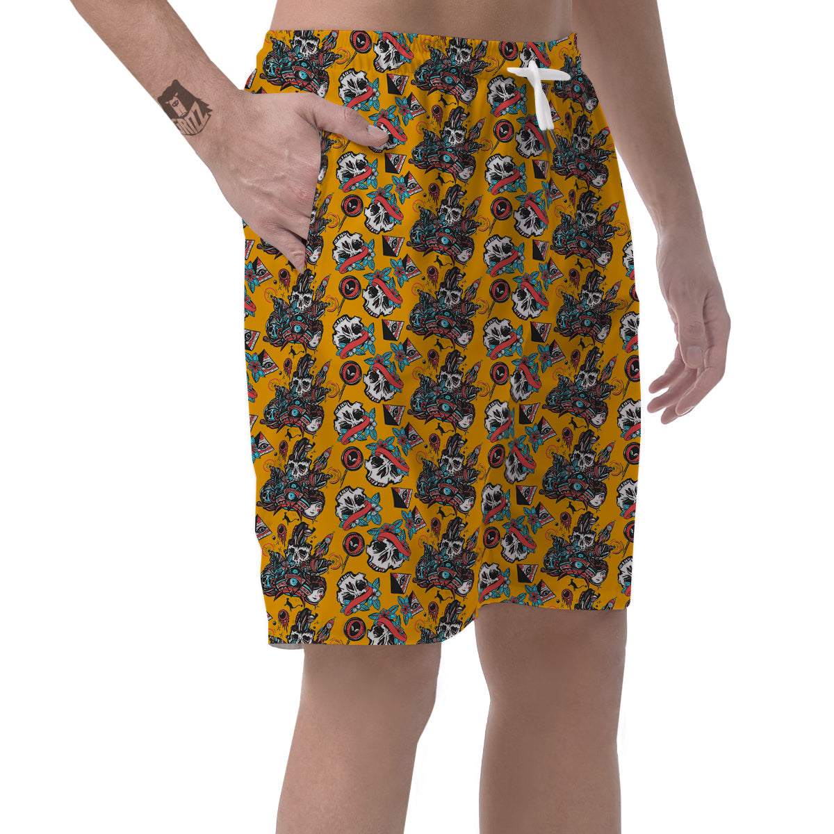 Yellow Skull Old School Tattoo Print Pattern Men's Shorts-grizzshop