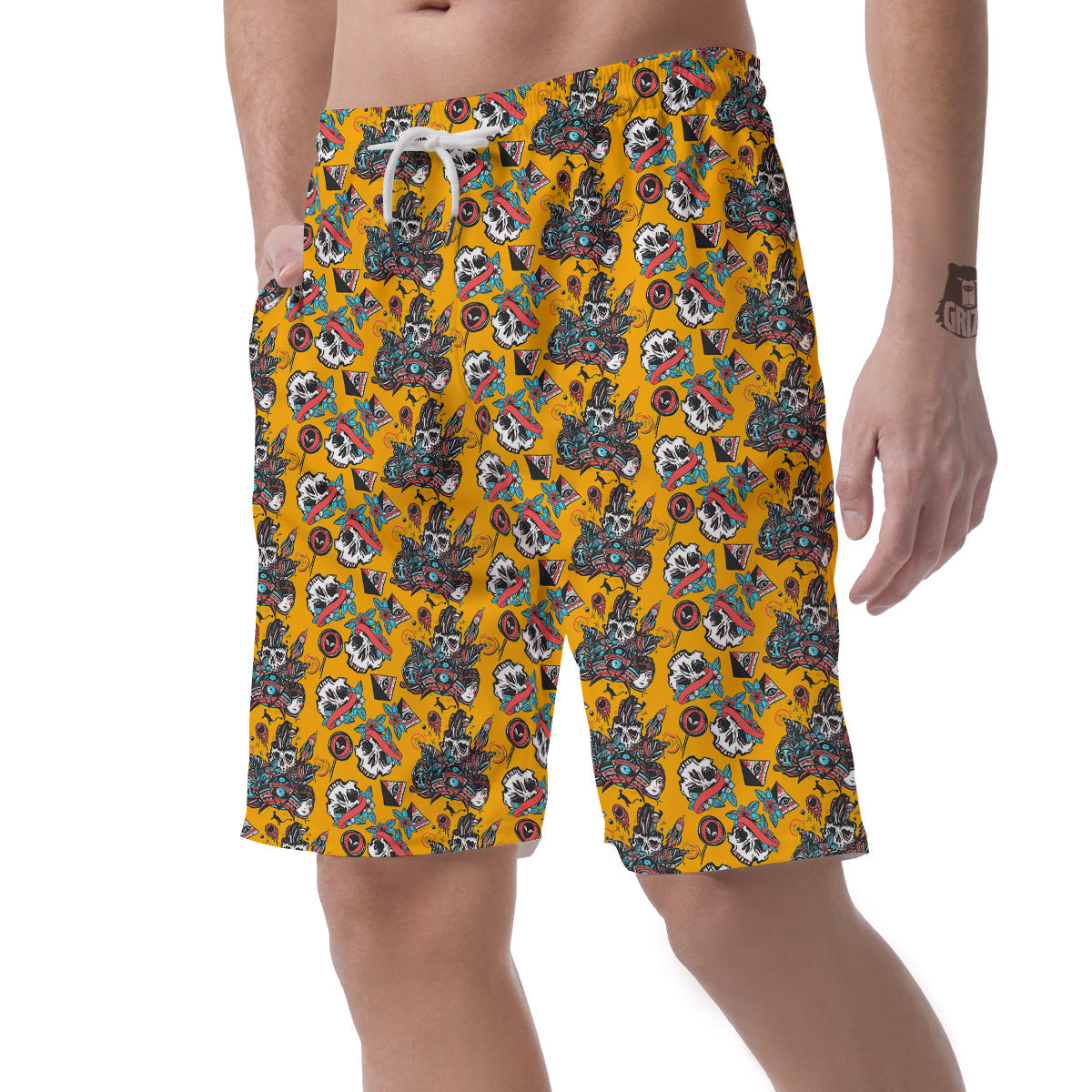 Yellow Skull Old School Tattoo Print Pattern Men's Shorts-grizzshop