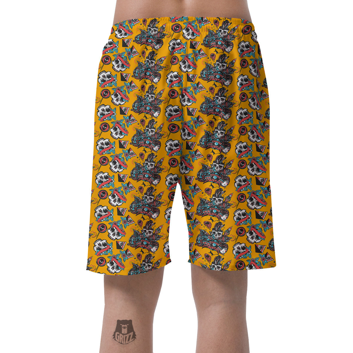 Yellow Skull Old School Tattoo Print Pattern Men's Shorts-grizzshop