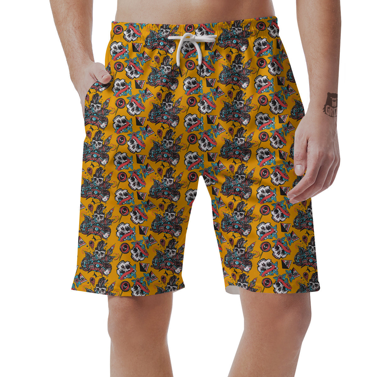 Yellow Skull Old School Tattoo Print Pattern Men's Shorts-grizzshop