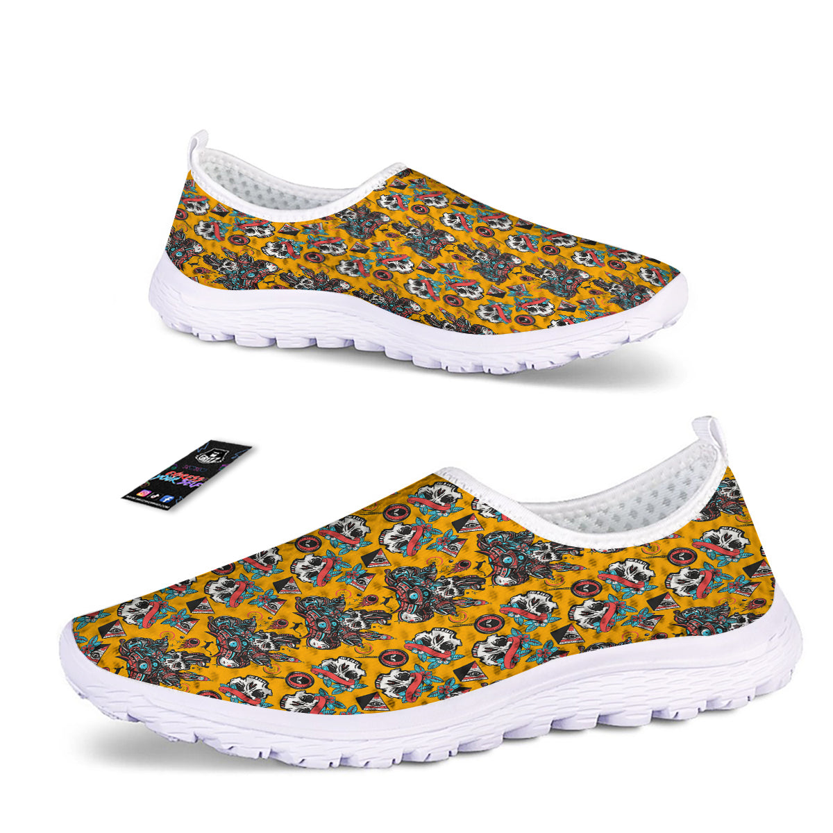 Yellow Skull Old School Tattoo Print Pattern Nurse Shoes-grizzshop