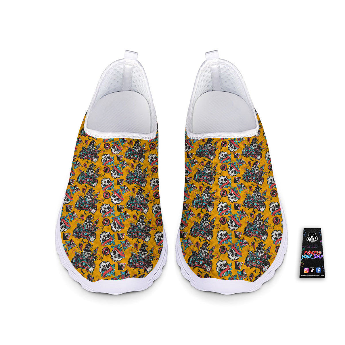 Yellow Skull Old School Tattoo Print Pattern Nurse Shoes-grizzshop