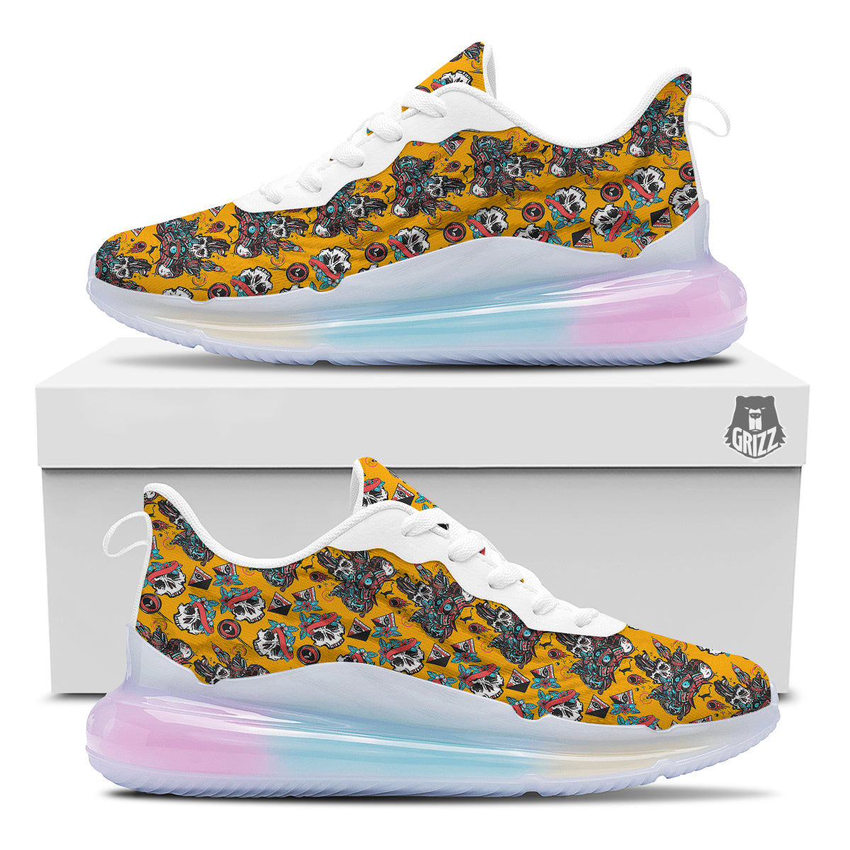 Yellow Skull Old School Tattoo Print Pattern Running Sneakers-grizzshop