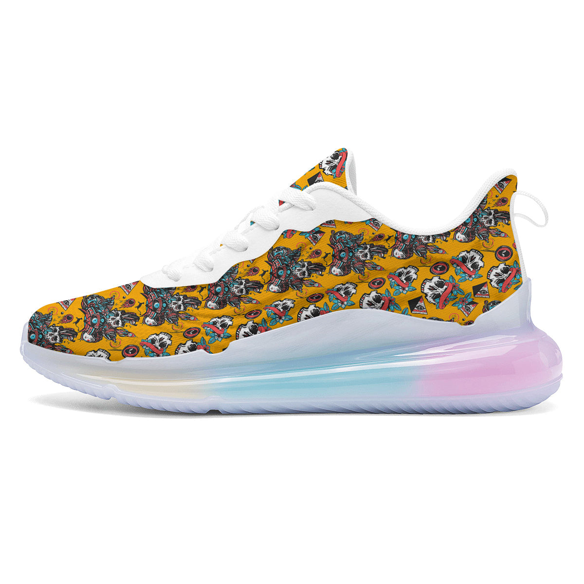 Yellow Skull Old School Tattoo Print Pattern Running Sneakers-grizzshop