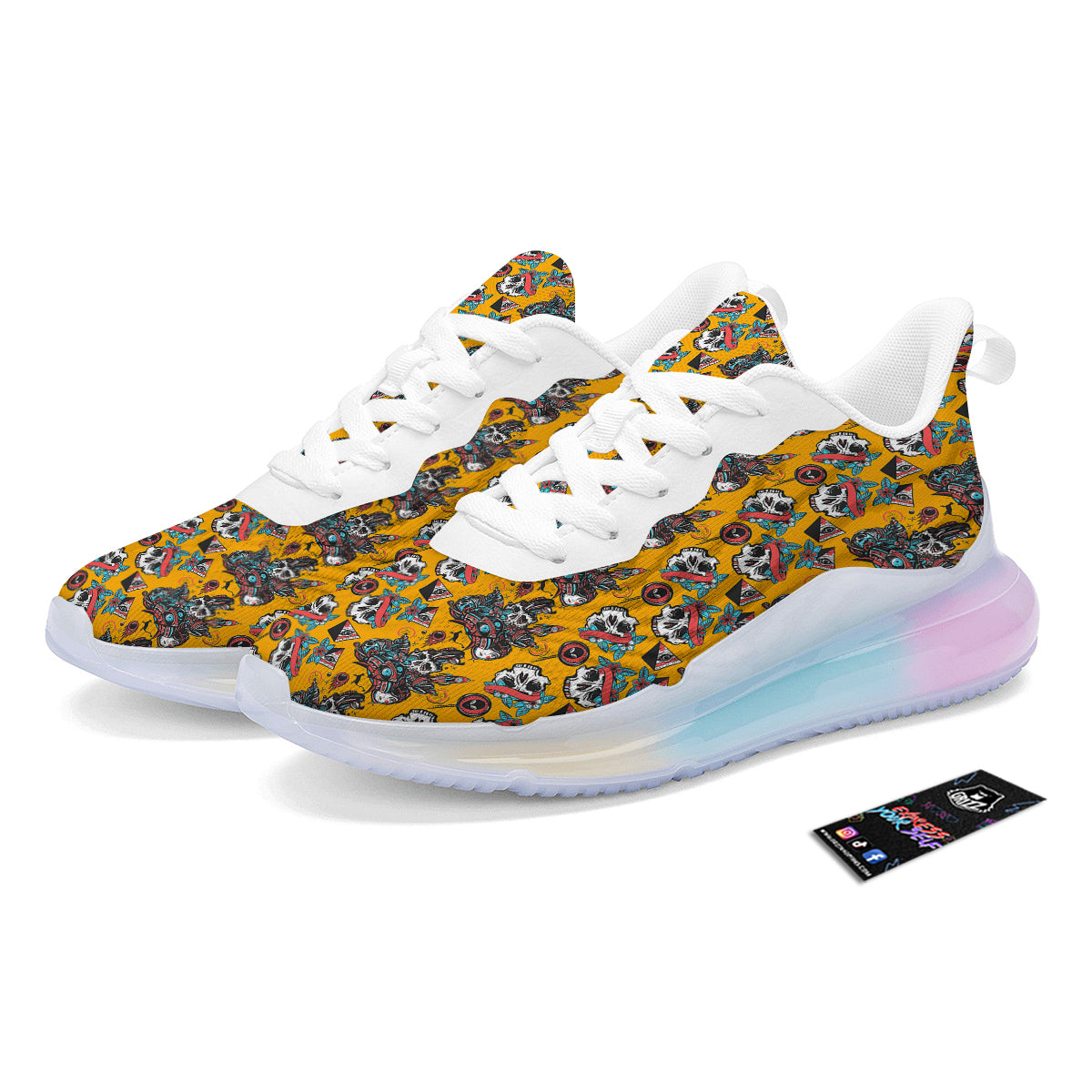 Yellow Skull Old School Tattoo Print Pattern Running Sneakers-grizzshop