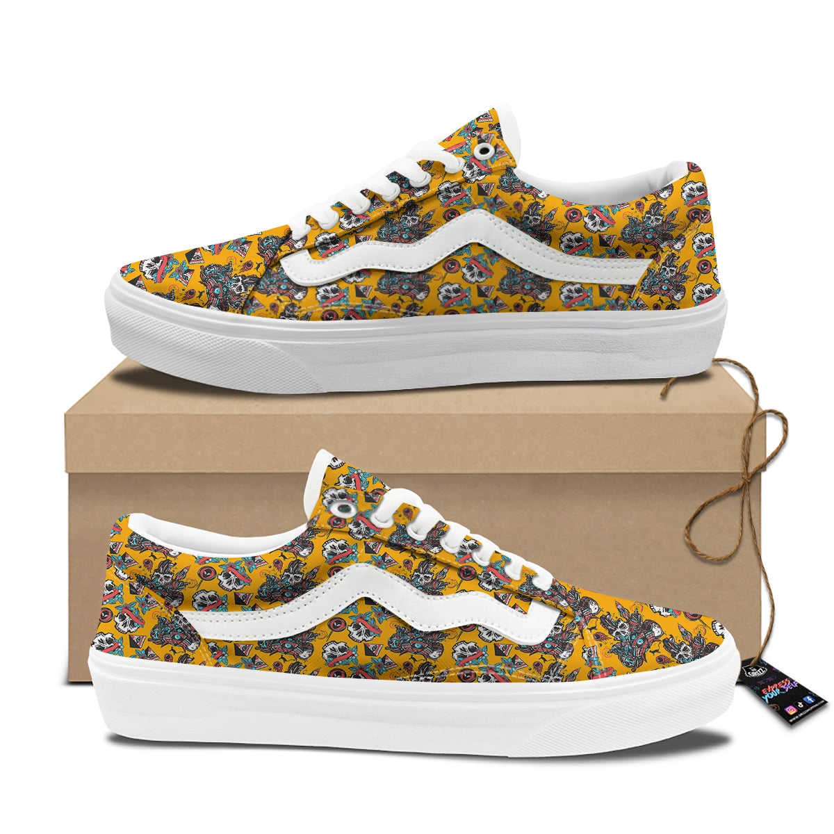 Yellow Skull Old School Tattoo Print Pattern Skate Shoes-grizzshop