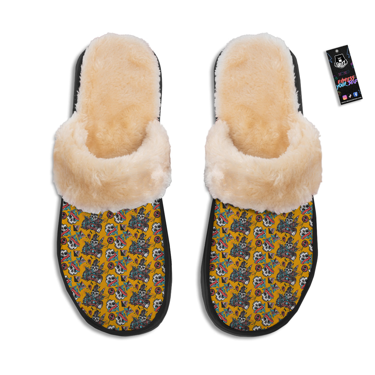 Yellow Skull Old School Tattoo Print Pattern Slippers-grizzshop