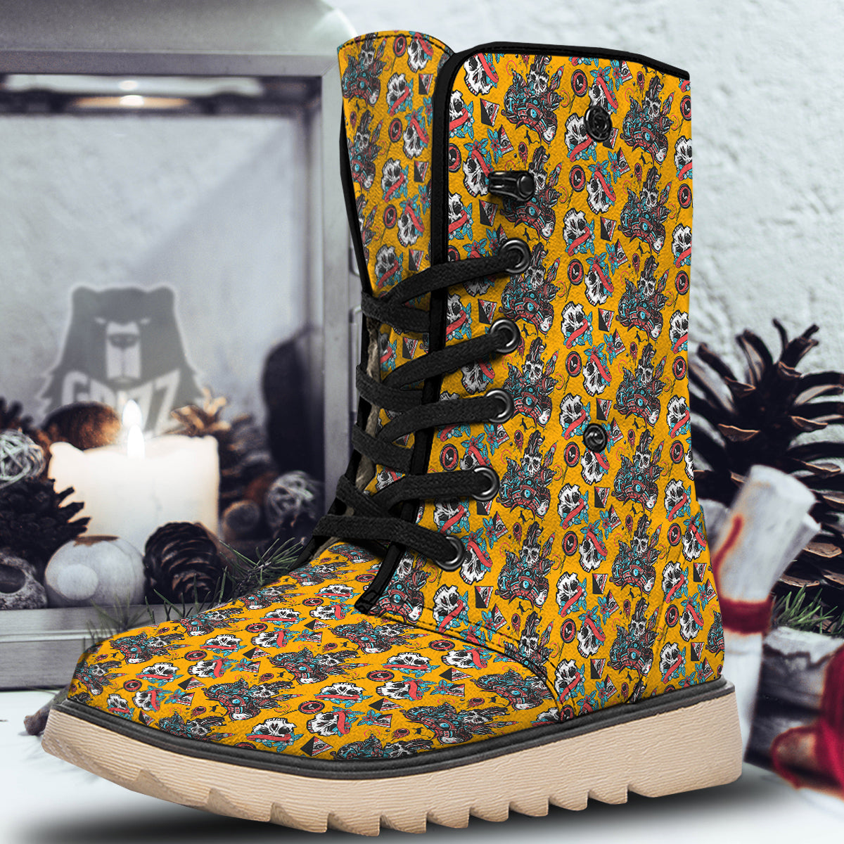 Yellow Skull Old School Tattoo Print Pattern Snow Boots-grizzshop