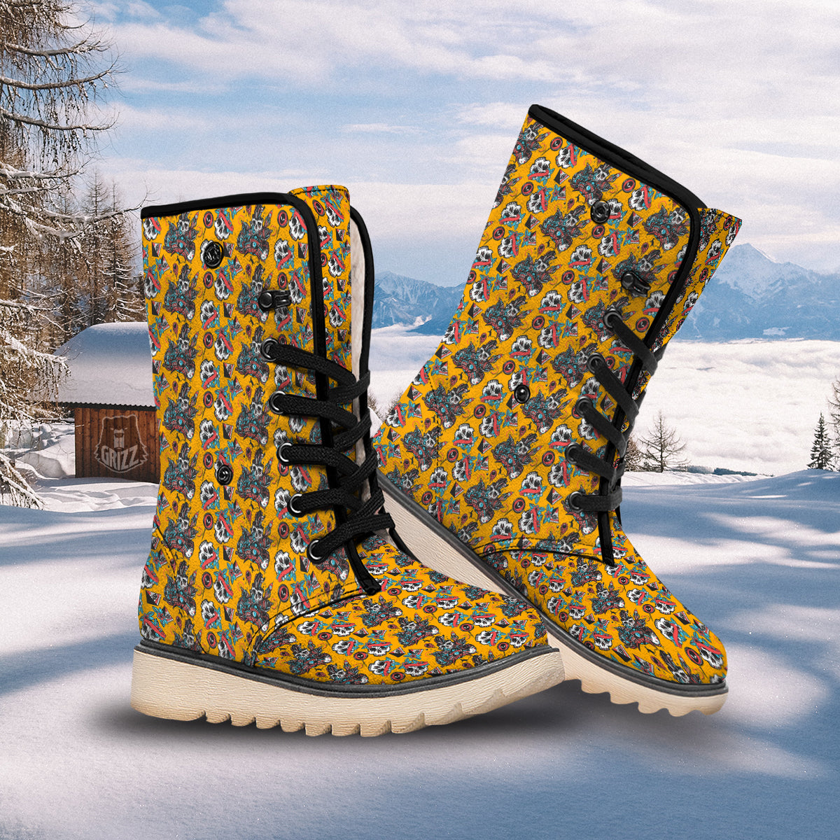 Yellow Skull Old School Tattoo Print Pattern Snow Boots-grizzshop