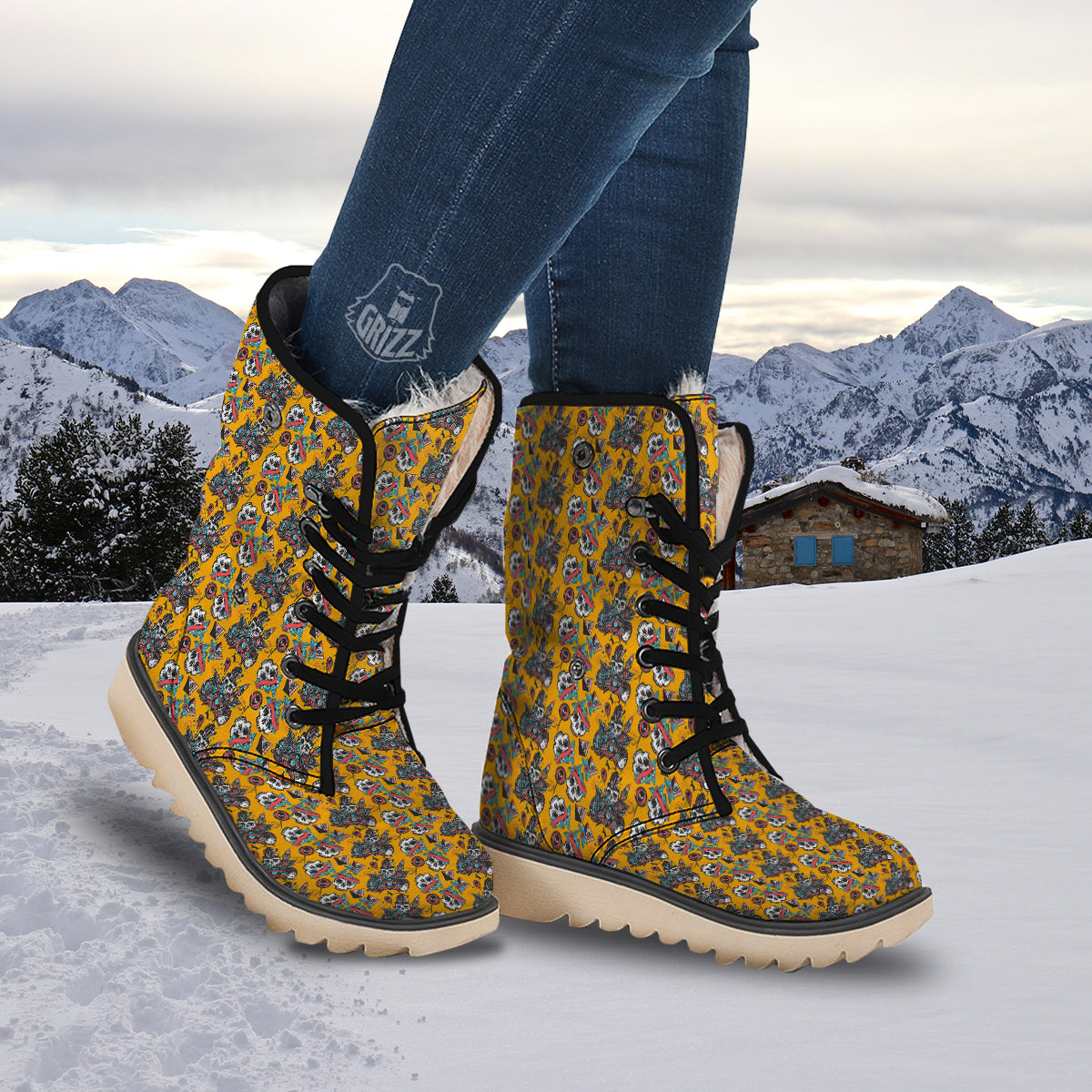 Yellow Skull Old School Tattoo Print Pattern Snow Boots-grizzshop