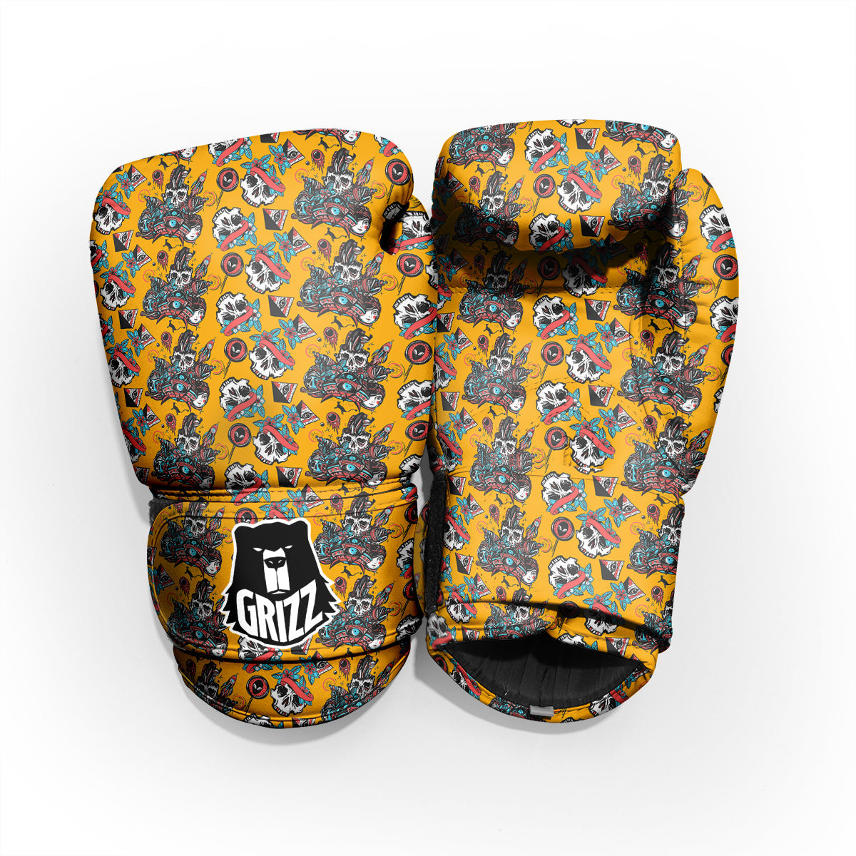 Yellow Skull Old School Tattoo Print Pattern Pro Boxing Glove