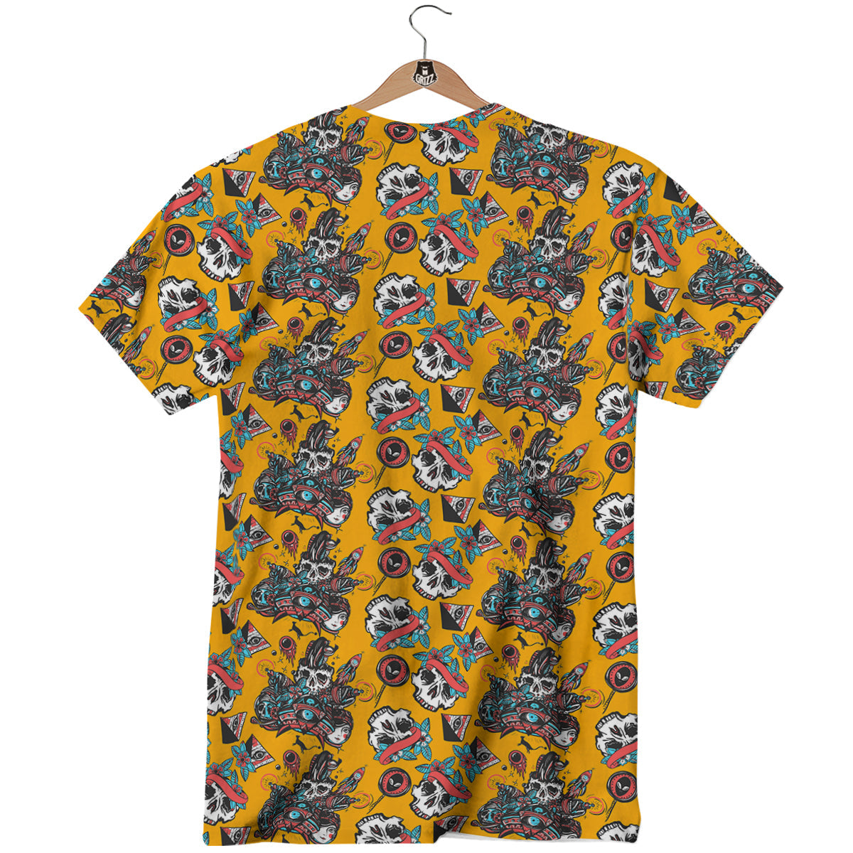 Yellow Skull Old School Tattoo Print Pattern T-Shirt-grizzshop