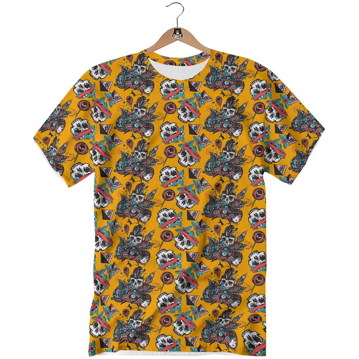 Yellow Skull Old School Tattoo Print Pattern T-Shirt-grizzshop