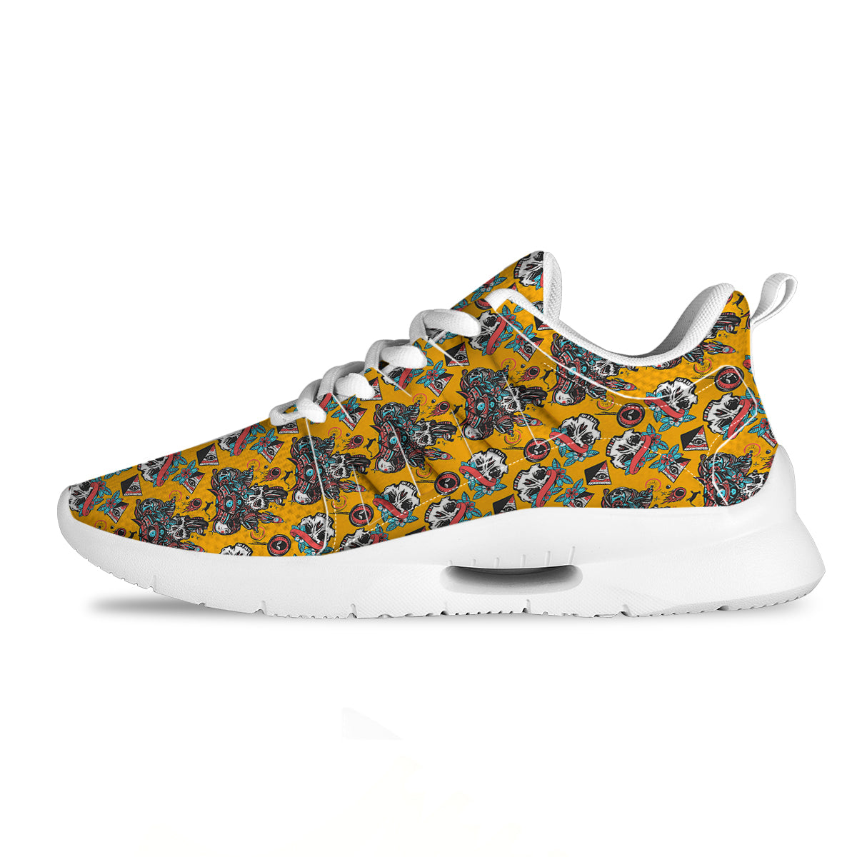 Yellow Skull Old School Tattoo Print Pattern Tennis Shoes-grizzshop