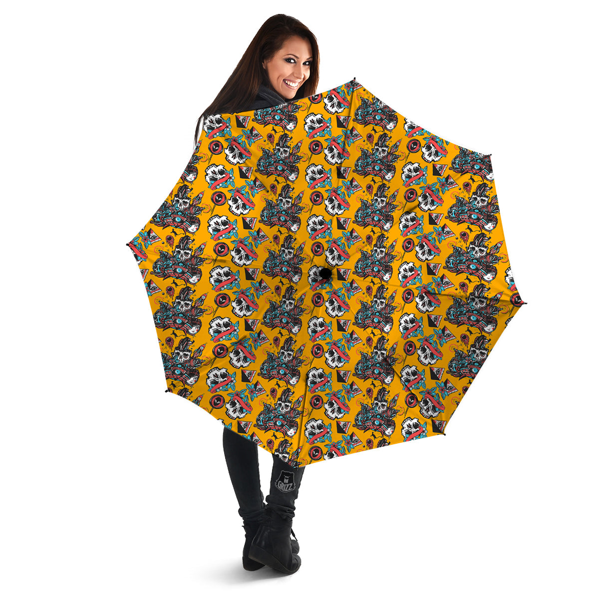 Yellow Skull Old School Tattoo Print Pattern Umbrella-grizzshop