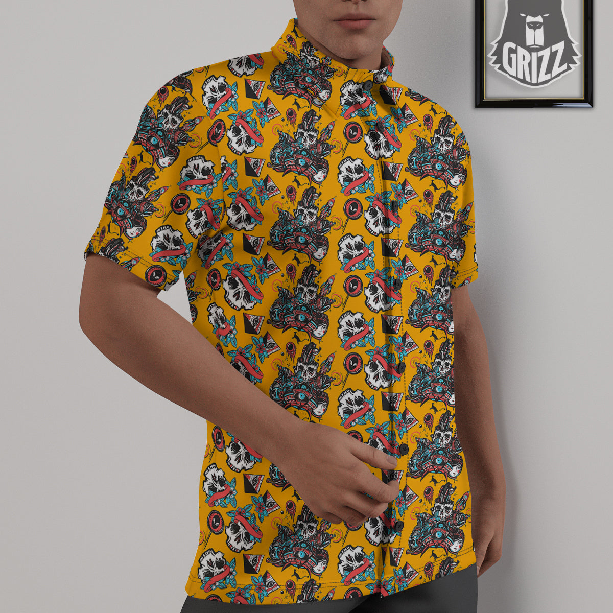 Yellow Skull Old School Tattoo Print Pattern Untucked Shirts-grizzshop