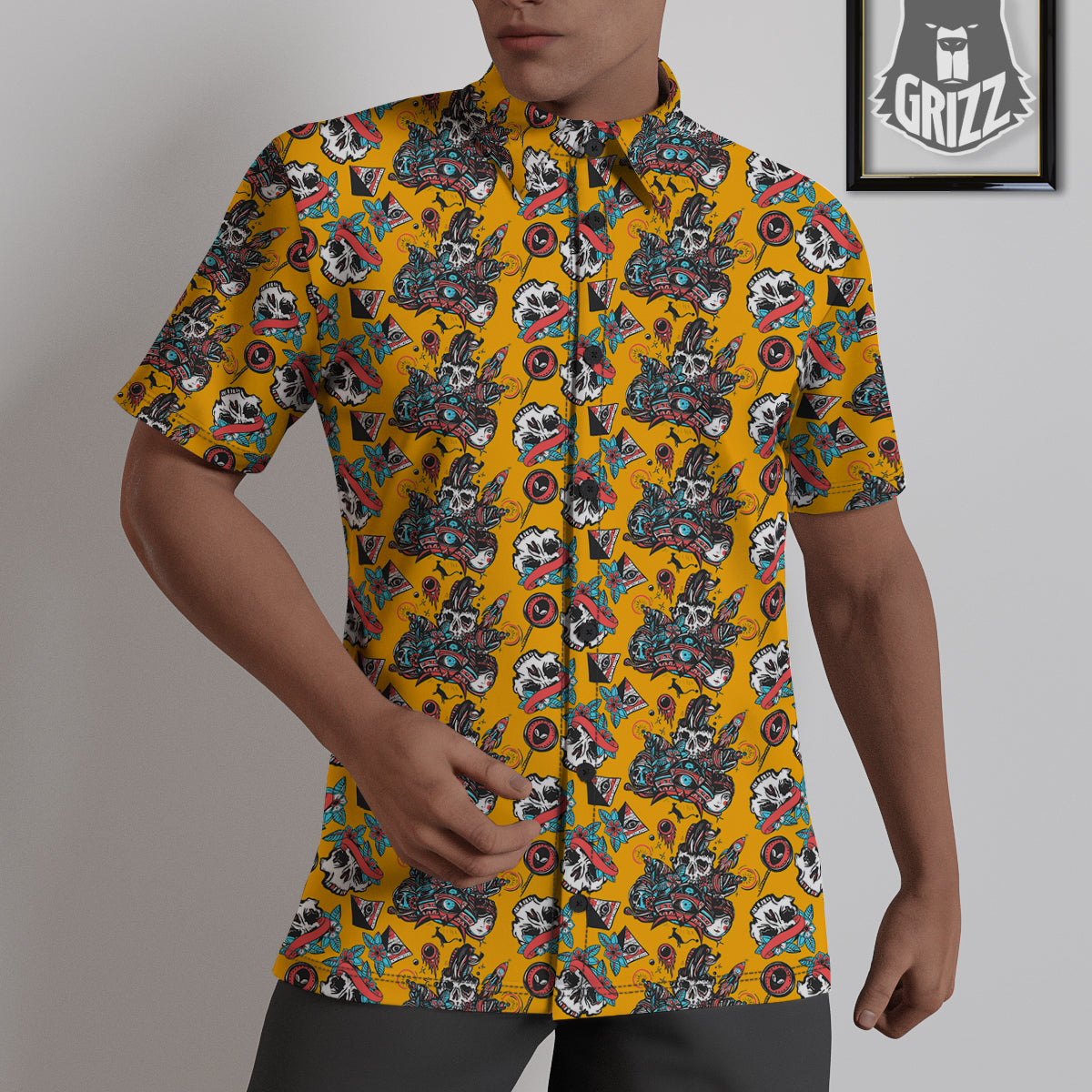 Yellow Skull Old School Tattoo Print Pattern Untucked Shirts-grizzshop
